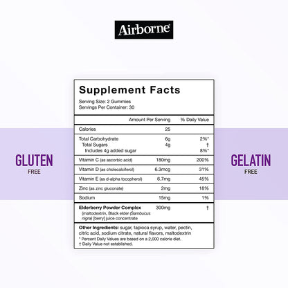 Airborne Elderberry + Vitamins Zinc Crafted Blend Gummies in a Bottle GlutenFree Immune Support Supplement with Vitamins C D E That Has No Artificial Sweeteners No Color Added, Purple, Gummy, 50 Count