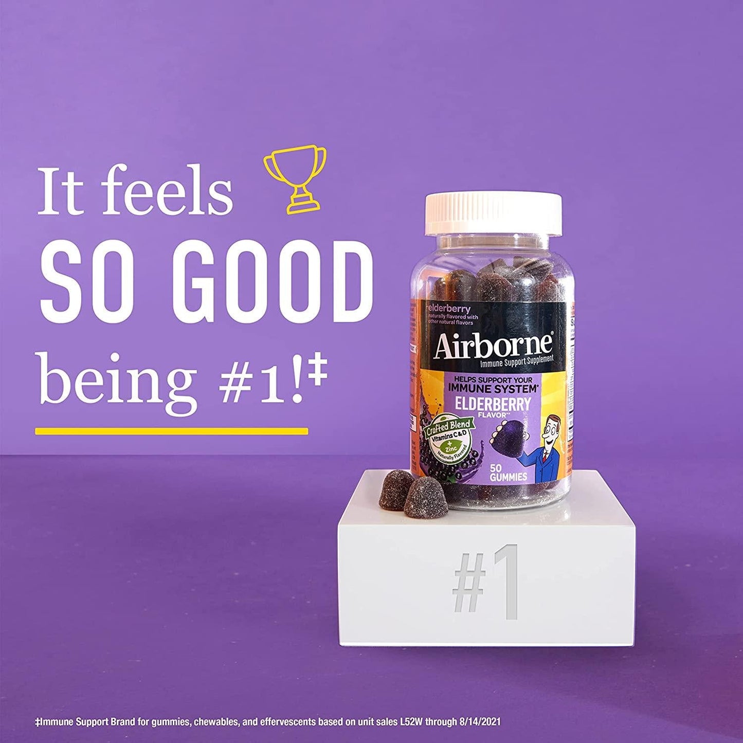 Airborne Elderberry + Vitamins Zinc Crafted Blend Gummies in a Bottle GlutenFree Immune Support Supplement with Vitamins C D E That Has No Artificial Sweeteners No Color Added, Purple, Gummy, 50 Count