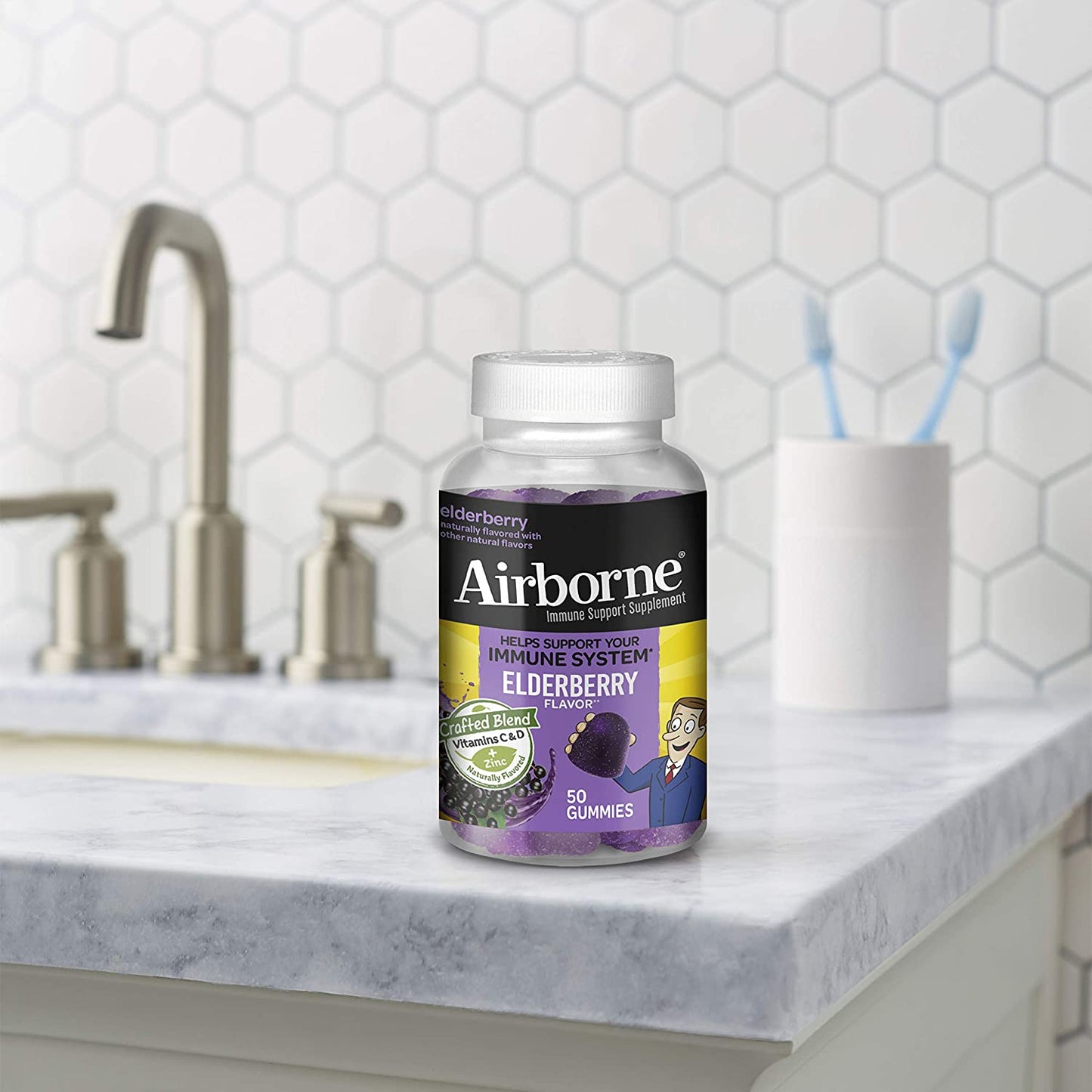 Airborne Elderberry + Vitamins Zinc Crafted Blend Gummies in a Bottle GlutenFree Immune Support Supplement with Vitamins C D E That Has No Artificial Sweeteners No Color Added, Purple, Gummy, 50 Count