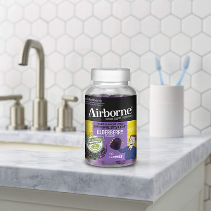 Airborne Elderberry + Vitamins Zinc Crafted Blend Gummies in a Bottle GlutenFree Immune Support Supplement with Vitamins C D E That Has No Artificial Sweeteners No Color Added, Purple, Gummy, 50 Count