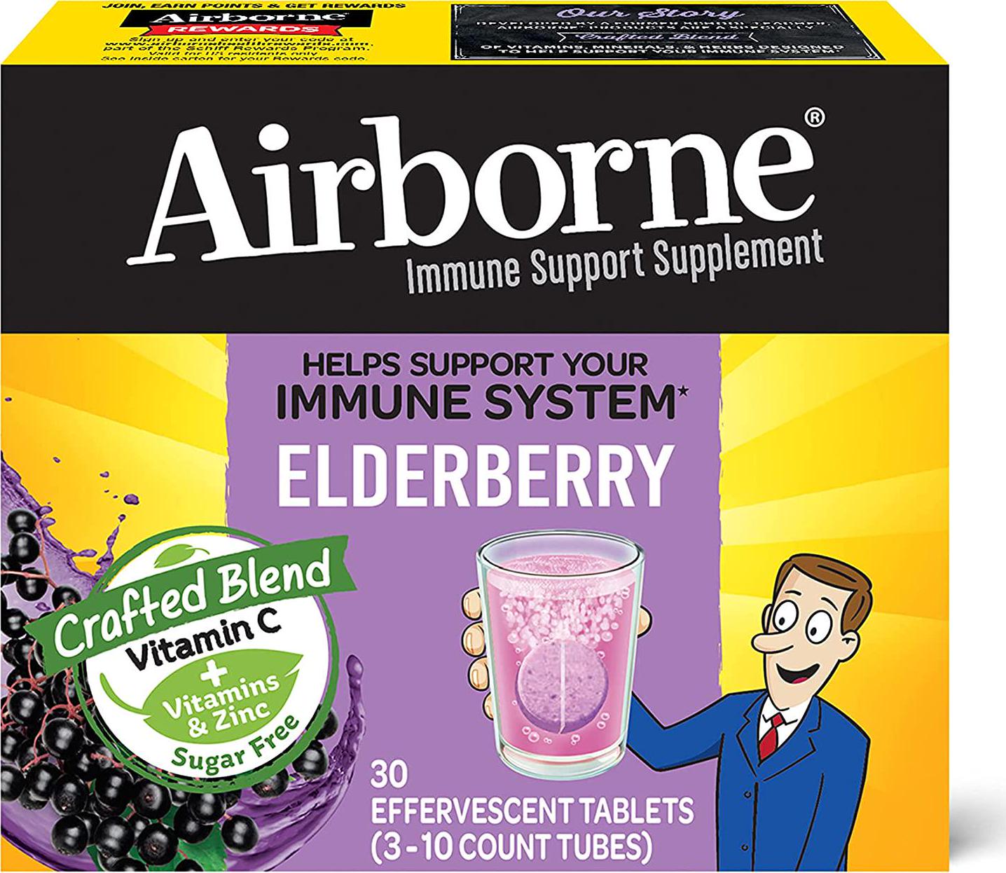 Airborne Elderberry Extract + Vitamin C 1000mg (per serving) - Effervescent Tablets (30 count in a box), Gluten-Free Immune Support Supplement, With Vitamins A C E, Zinc, Selenium, Sugar Free