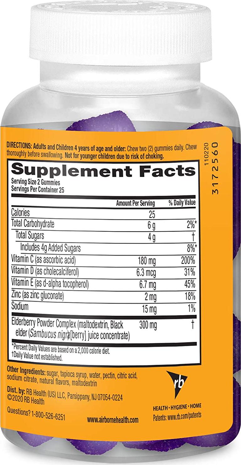 Airborne Elderberry + Vitamins Zinc Crafted Blend Gummies in a Bottle GlutenFree Immune Support Supplement with Vitamins C D E That Has No Artificial Sweeteners No Color Added, Purple, Gummy, 50 Count