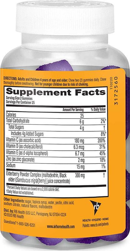 Airborne Elderberry + Vitamins Zinc Crafted Blend Gummies in a Bottle GlutenFree Immune Support Supplement with Vitamins C D E That Has No Artificial Sweeteners No Color Added, Purple, Gummy, 50 Count