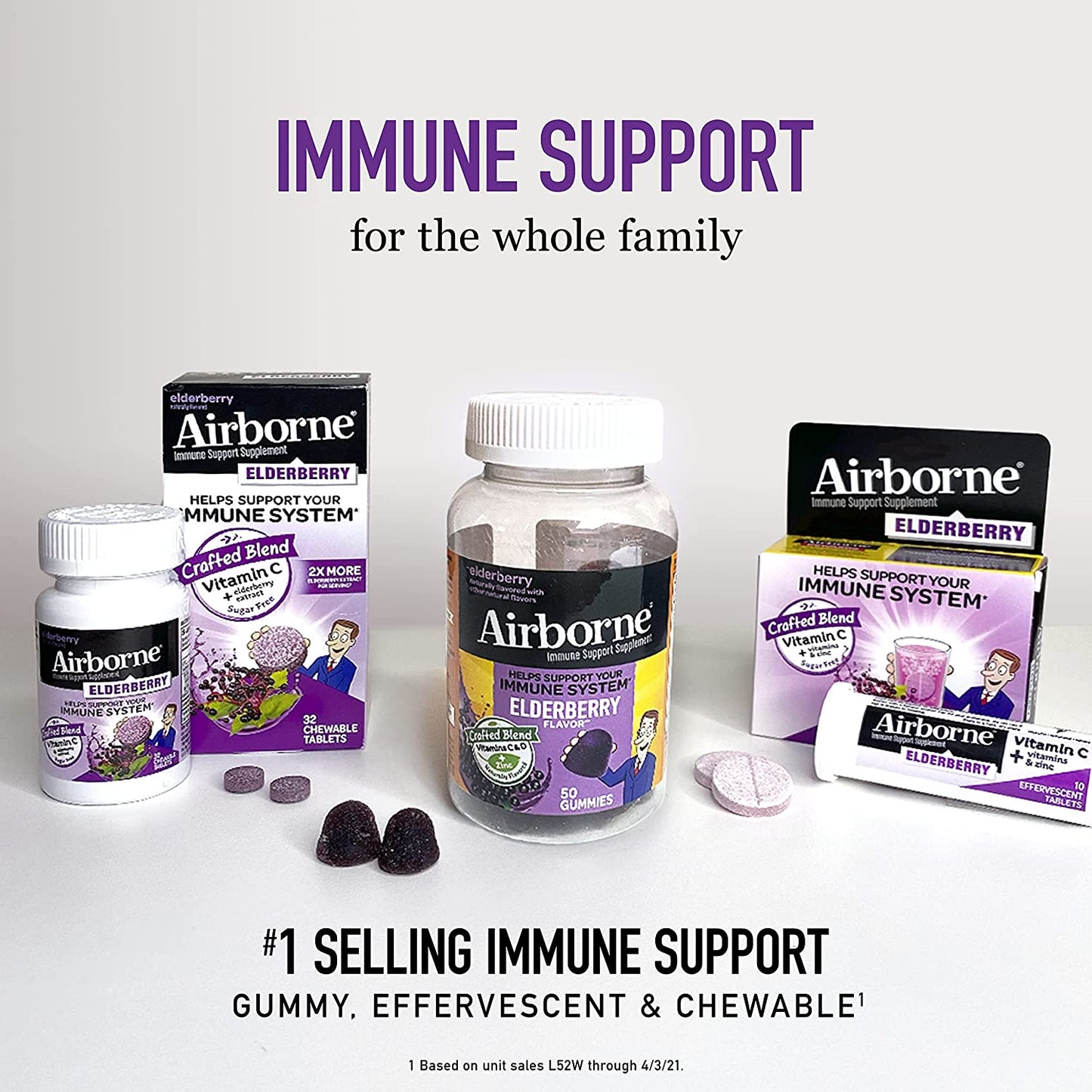 Airborne Elderberry + Vitamins Zinc Crafted Blend Gummies in a Bottle GlutenFree Immune Support Supplement with Vitamins C D E That Has No Artificial Sweeteners No Color Added, Purple, Gummy, 50 Count