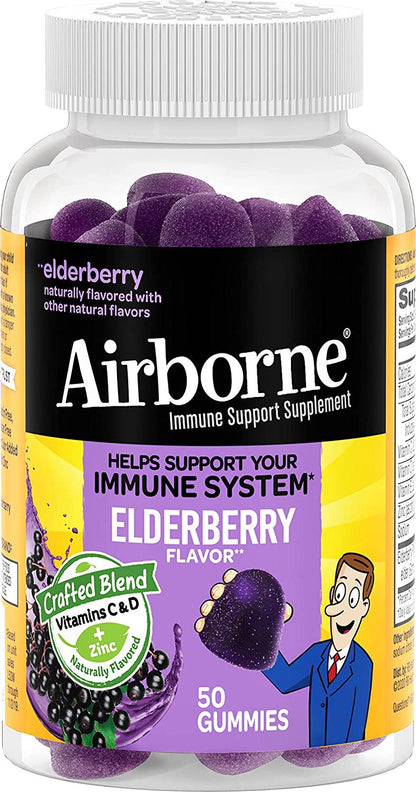 Airborne Elderberry + Vitamins Zinc Crafted Blend Gummies in a Bottle GlutenFree Immune Support Supplement with Vitamins C D E That Has No Artificial Sweeteners No Color Added, Purple, Gummy, 50 Count