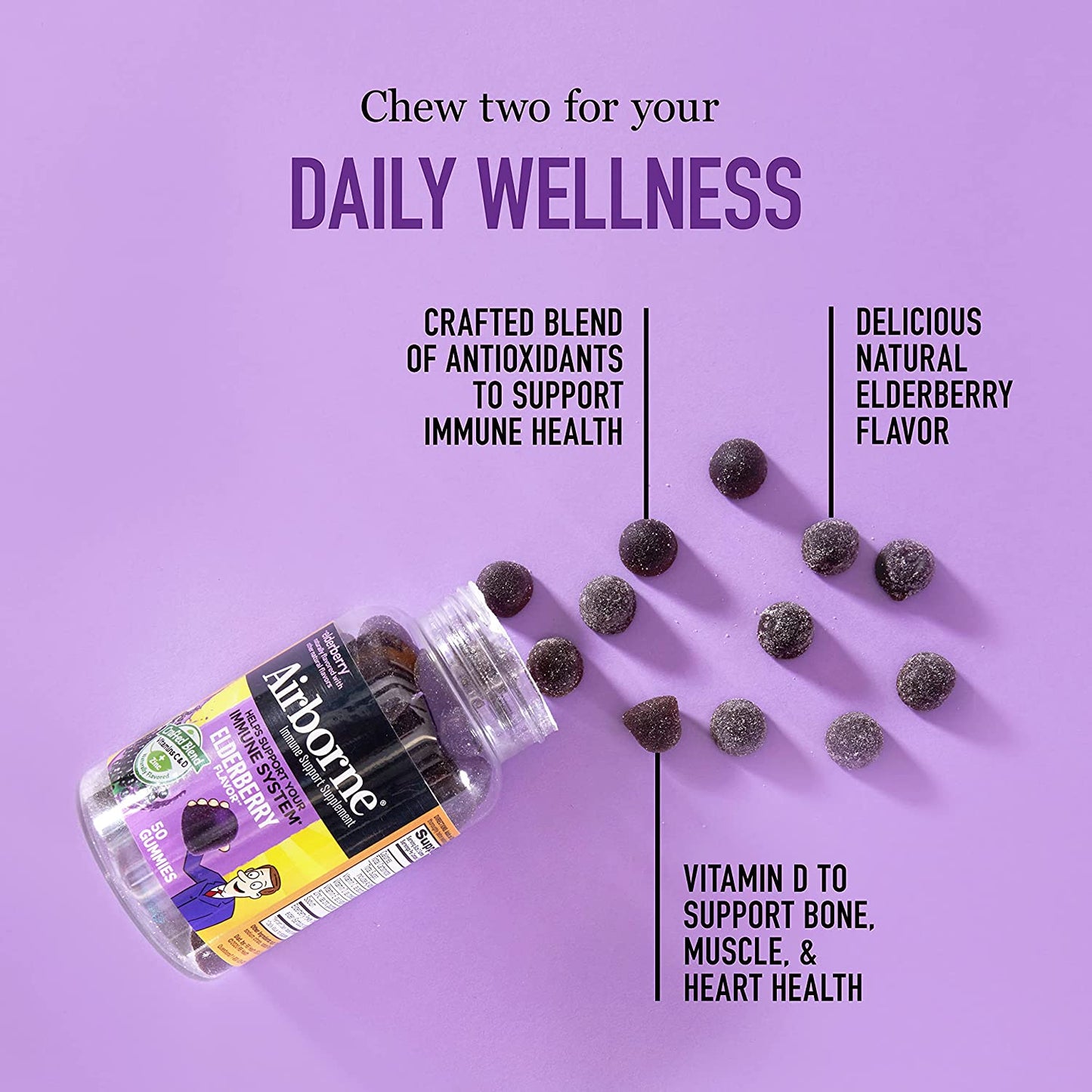 Airborne Elderberry + Vitamins Zinc Crafted Blend Gummies in a Bottle GlutenFree Immune Support Supplement with Vitamins C D E That Has No Artificial Sweeteners No Color Added, Purple, Gummy, 50 Count