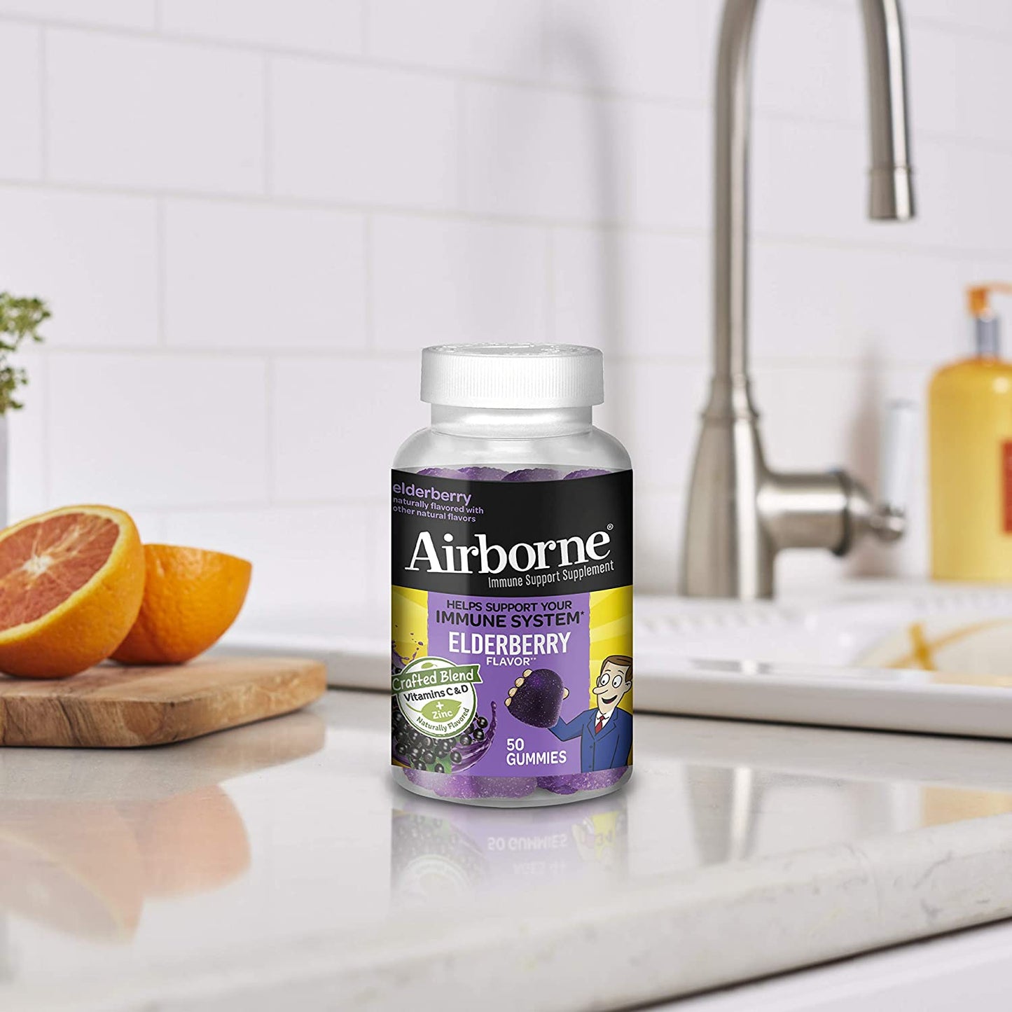 Airborne Elderberry + Vitamins Zinc Crafted Blend Gummies in a Bottle GlutenFree Immune Support Supplement with Vitamins C D E That Has No Artificial Sweeteners No Color Added, Purple, Gummy, 50 Count