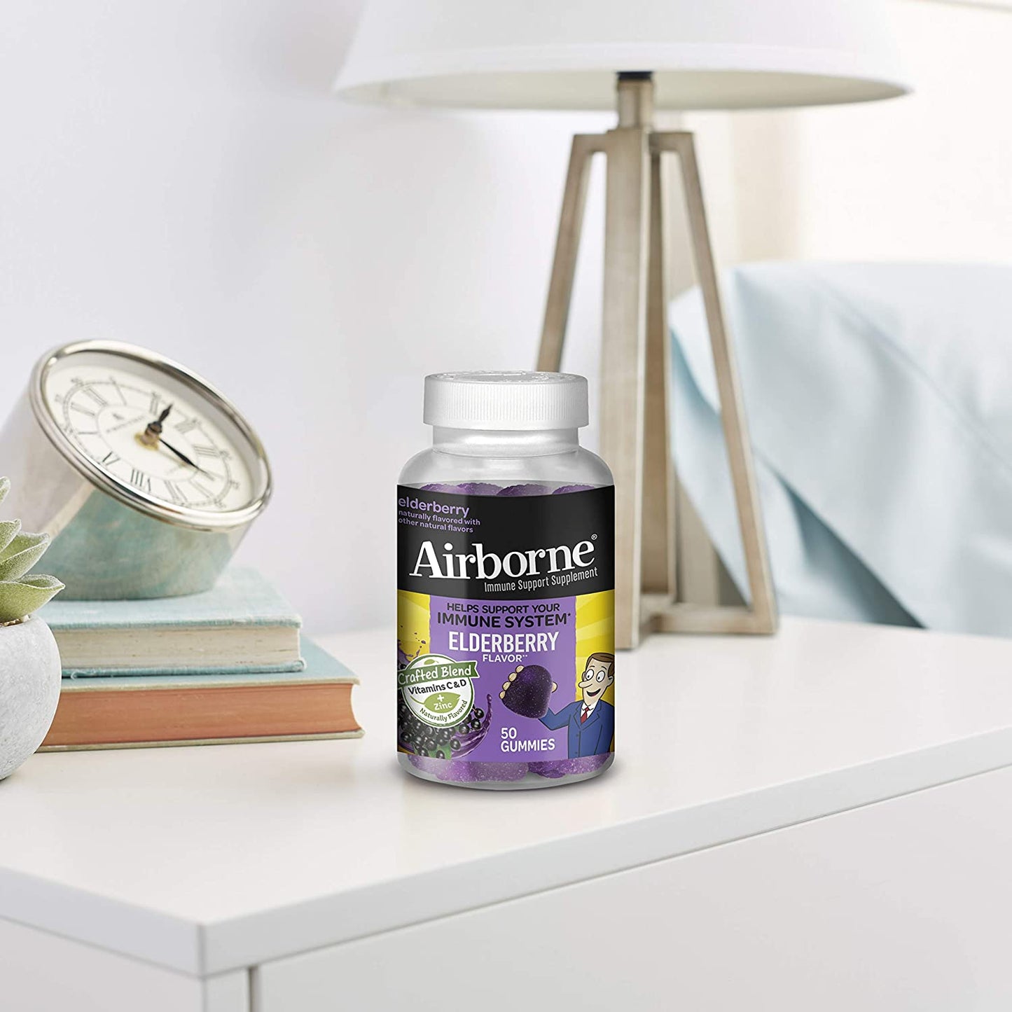 Airborne Elderberry + Vitamins Zinc Crafted Blend Gummies in a Bottle GlutenFree Immune Support Supplement with Vitamins C D E That Has No Artificial Sweeteners No Color Added, Purple, Gummy, 50 Count