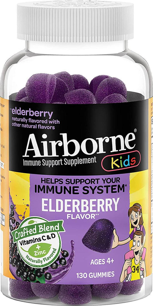 Airborne KIDS Elderberry + Vitamins and Zinc Gummies (130 count in a bottle), Gluten-Free Immune Support Supplement With Vitamins D and E