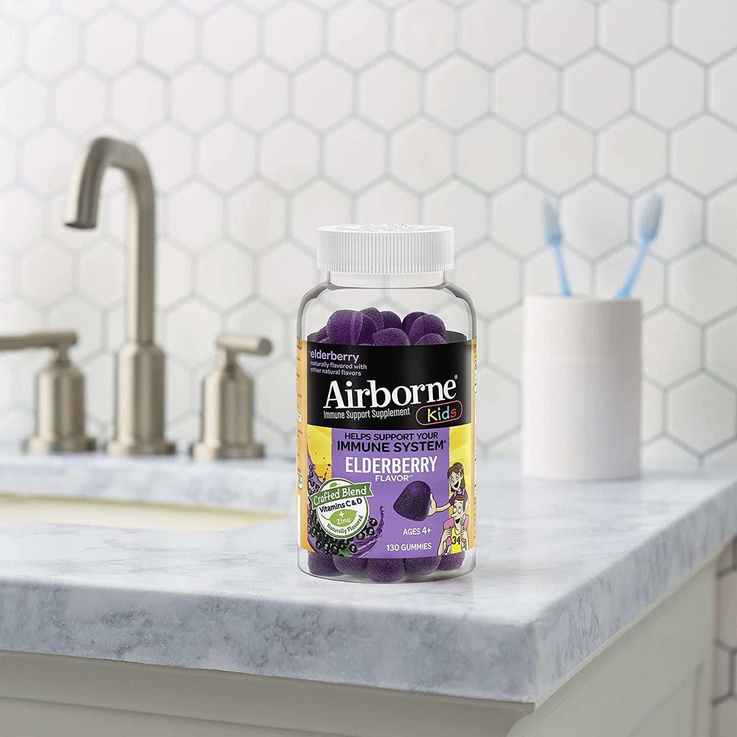 Airborne KIDS Elderberry + Vitamins and Zinc Gummies (130 count in a bottle), Gluten-Free Immune Support Supplement With Vitamins D and E