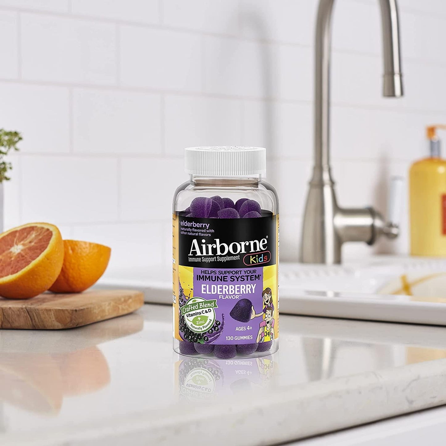 Airborne KIDS Elderberry + Vitamins and Zinc Gummies (130 count in a bottle), Gluten-Free Immune Support Supplement With Vitamins D and E