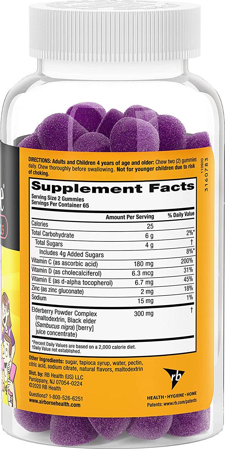 Airborne KIDS Elderberry + Vitamins and Zinc Gummies (130 count in a bottle), Gluten-Free Immune Support Supplement With Vitamins D and E