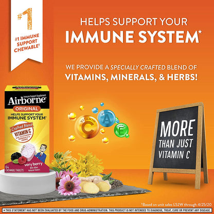 Airborne Vitamin C 1000mg Immune Support Supplement, Chewable Tablets, Berry, 64 Count