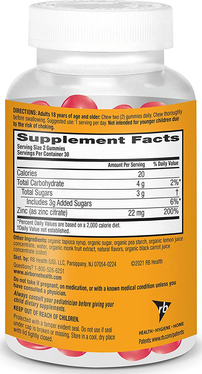 Airborne Zinc Gummies, Chewable Zinc Immune Support Supplement - Non-GMO Project Verified, Gluten and Gelatin Free - (60 count bottle), Grapefruit Flavor