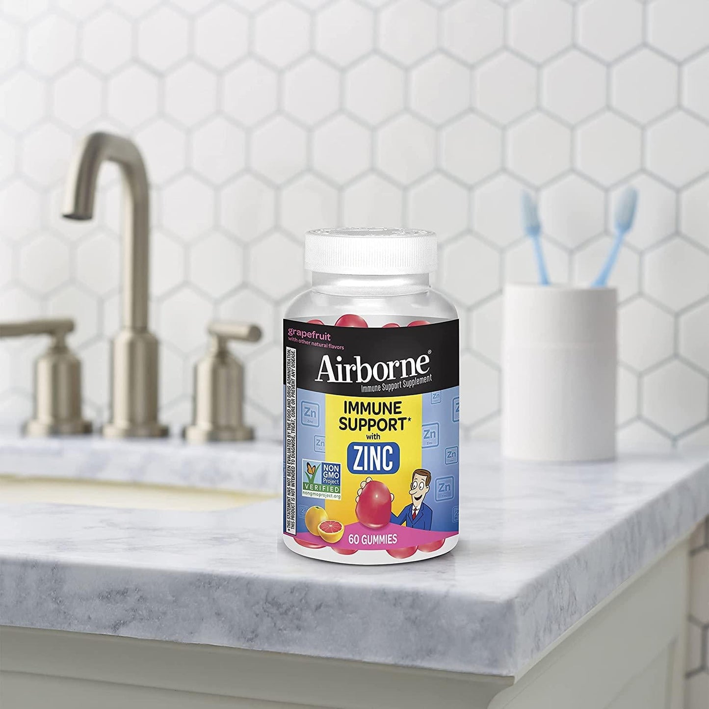 Airborne Zinc Gummies, Chewable Zinc Immune Support Supplement - Non-GMO Project Verified, Gluten and Gelatin Free - (60 count bottle), Grapefruit Flavor