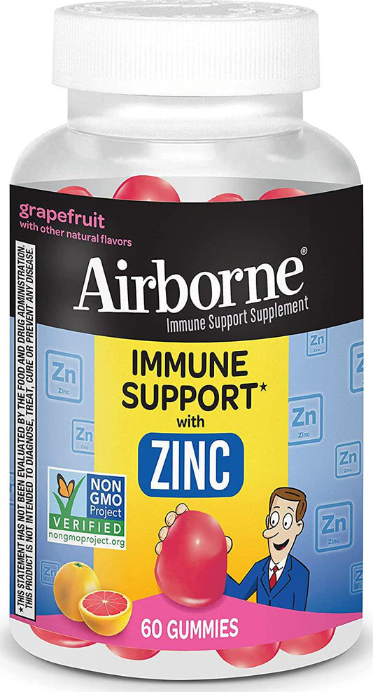 Airborne Zinc Gummies, Chewable Zinc Immune Support Supplement - Non-GMO Project Verified, Gluten and Gelatin Free - (60 count bottle), Grapefruit Flavor