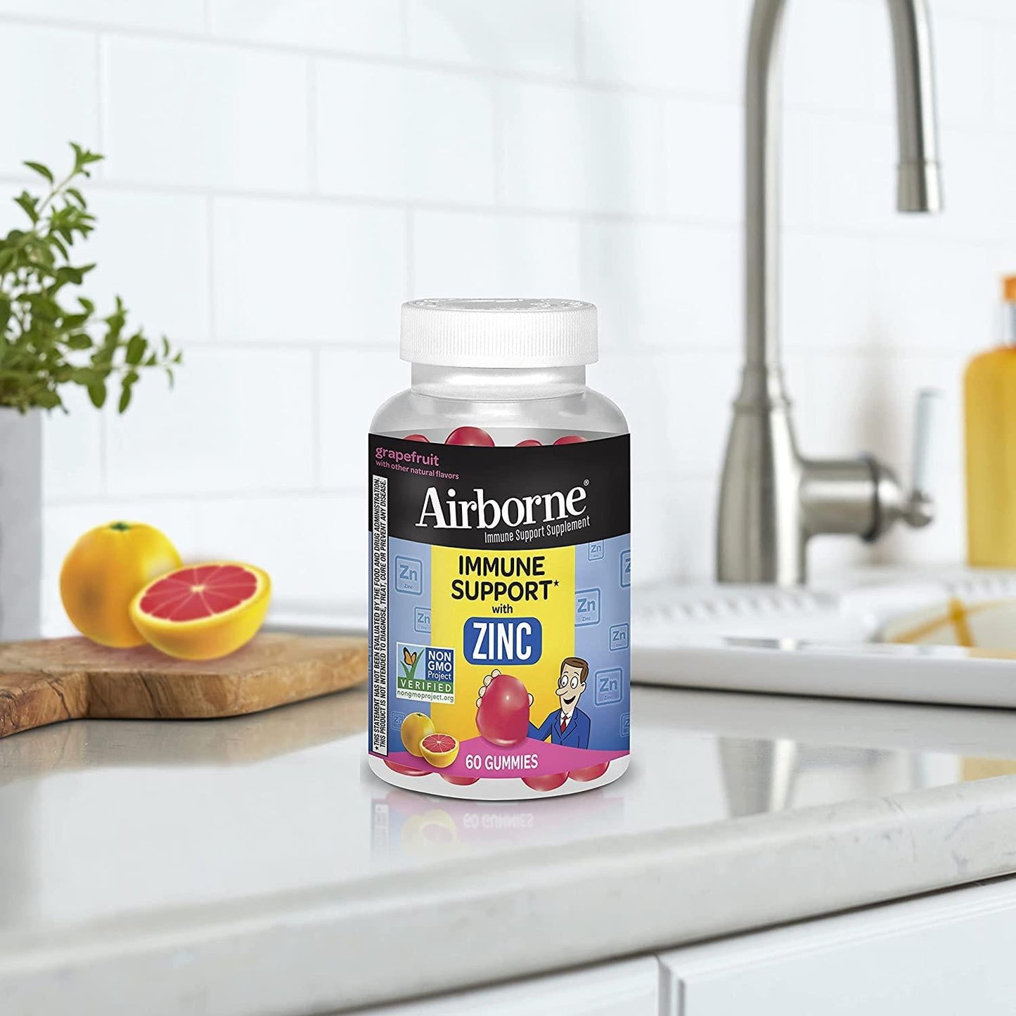 Airborne Zinc Gummies, Chewable Zinc Immune Support Supplement - Non-GMO Project Verified, Gluten and Gelatin Free - (60 count bottle), Grapefruit Flavor