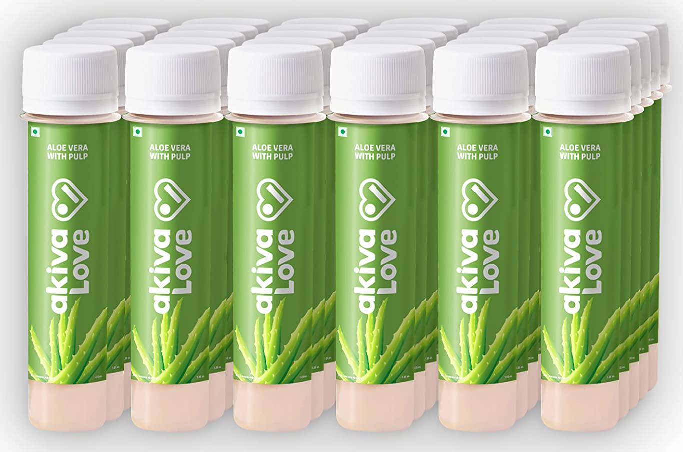 Akiva Love Aloe Vera Juice Shots with Pulp (Pack of 30) | Radiant and Clear Hydrated Skin | Reduces Skin Aging, Acne, Dark Spots | Natural, Ayurvedic, Ready to Drink