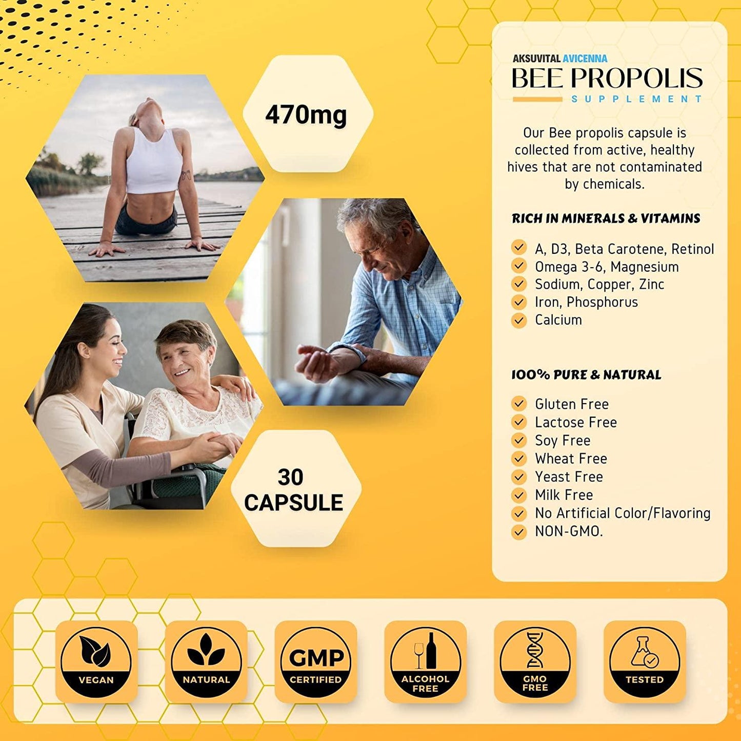 Aksu Vital Avicenna Bee Propolis Supplement, 470mg 30 Vegan Capsules