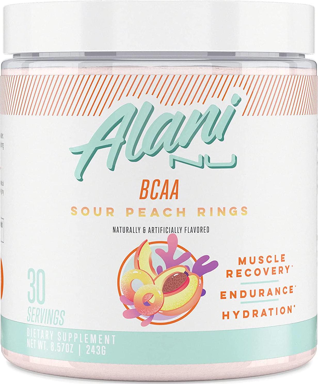 Alani Nu BCAA Branched Chain Essential Amino Acids, Muscle Recovery Vitamins for Post-Workout and Hydration, Sour Peach Rings, 30 Servings