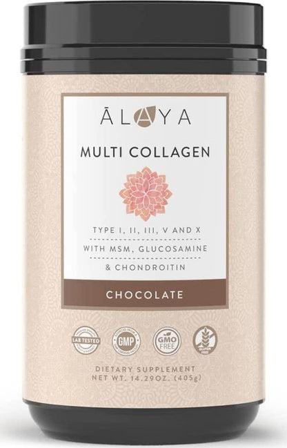 Alaya Multi Collagen Powder - Type I, II, III, V, X Hydrolyzed Collagen Peptides Protein Powder Supplement with MSM + GC (Chocolate)