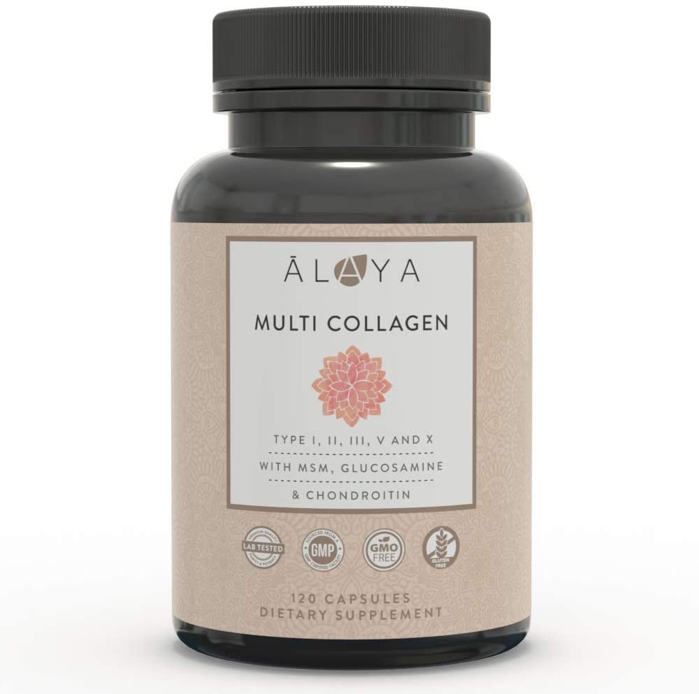 Alaya Naturals Hydrolyzed Multi Collagen Peptides Protein Capsules - Type I, II, III, V, X Grass-Fed Bovine, Chicken, Marine Collagen Powder Supplement with MSM Powder + GC