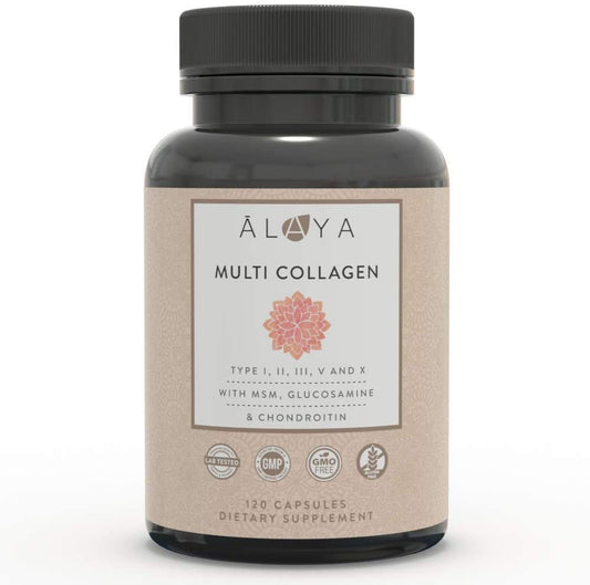 Alaya Naturals Hydrolyzed Multi Collagen Peptides Protein Capsules - Type I, II, III, V, X Grass-Fed Bovine, Chicken, Marine Collagen Powder Supplement with MSM Powder + GC