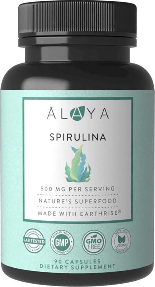 Alaya Naturals - Pure Spirulina Capsules - Made with Earthrise Spirulina, Blue Green Algae Superfood - Non-GMO and Vegan - 500 mg, 90 Capsules