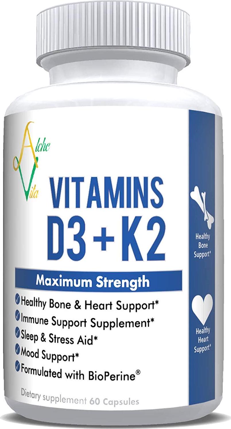 AlcheVita Vitamins D3 (5000 IU) + K2 (mk7) + Calcium (210mg)- Maximum Strength Complex (3-in-1 Formula) - 60 Capsules | Supports Healthy Bones, Heart and Immune System - Sleep and Stress Aid