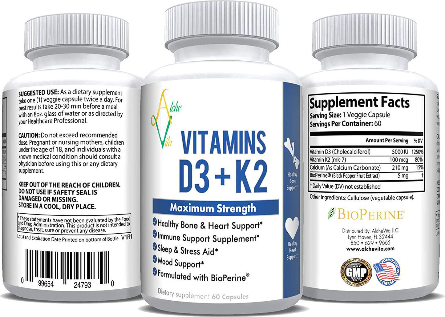 AlcheVita Vitamins D3 (5000 IU) + K2 (mk7) + Calcium (210mg)- Maximum Strength Complex (3-in-1 Formula) - 60 Capsules | Supports Healthy Bones, Heart and Immune System - Sleep and Stress Aid