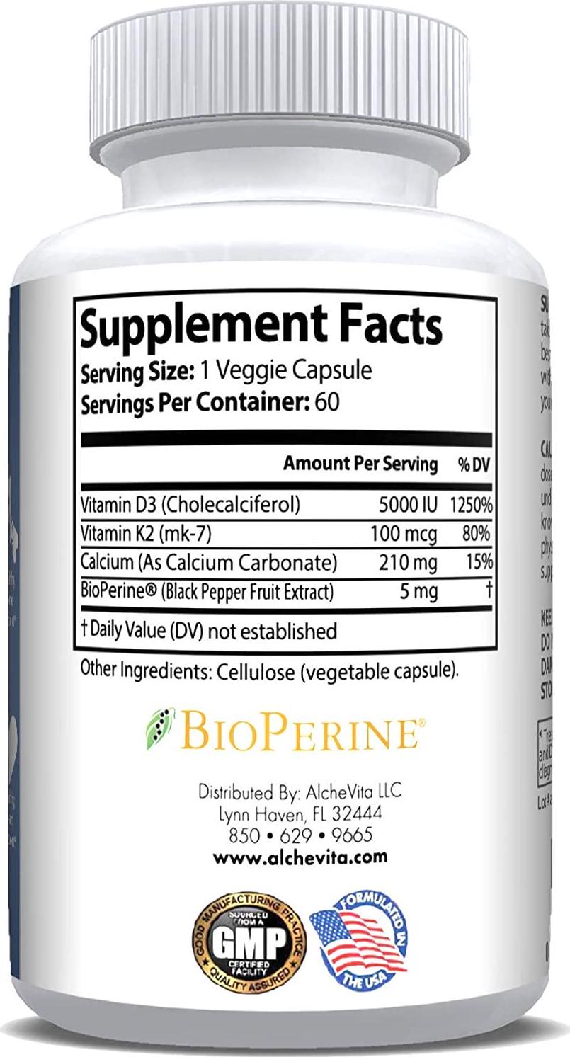 AlcheVita Vitamins D3 (5000 IU) + K2 (mk7) + Calcium (210mg)- Maximum Strength Complex (3-in-1 Formula) - 60 Capsules | Supports Healthy Bones, Heart and Immune System - Sleep and Stress Aid