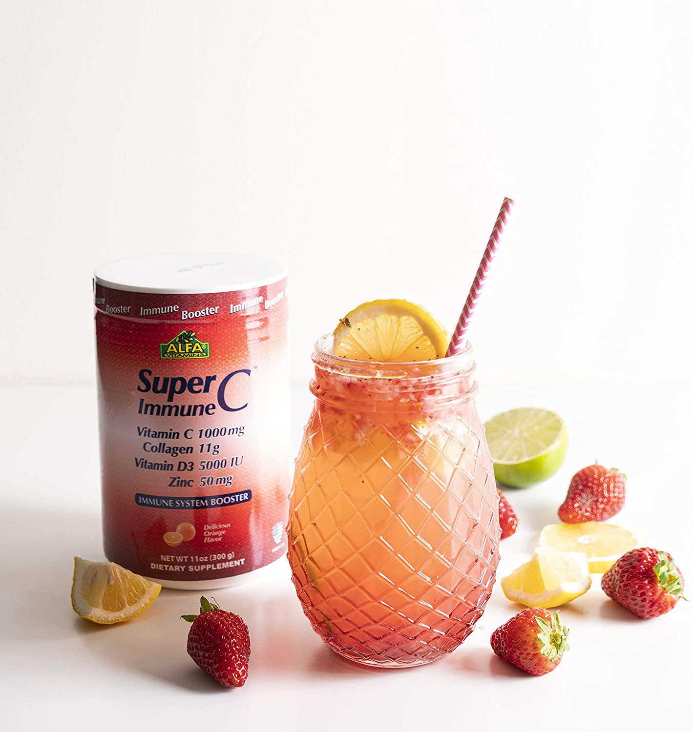 Alfa Vitamins SuperC Immune Powder Mix Formula with Vitamin C 1000mg, Collagen 11g, Vitamin D3 5000 IU, Zinc 50 mg - Orange Flavor 11oz