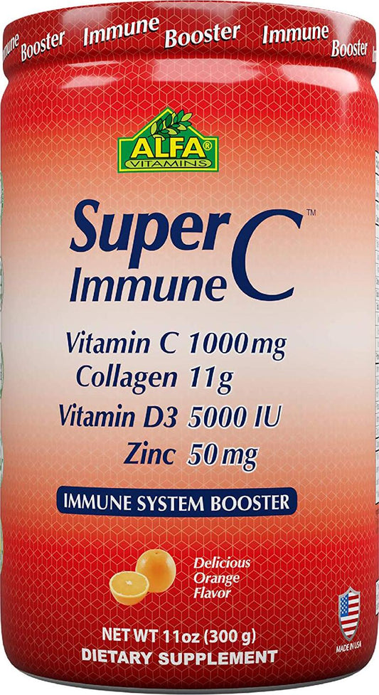 Alfa Vitamins SuperC Immune Powder Mix Formula with Vitamin C 1000mg, Collagen 11g, Vitamin D3 5000 IU, Zinc 50 mg - Orange Flavor 11oz