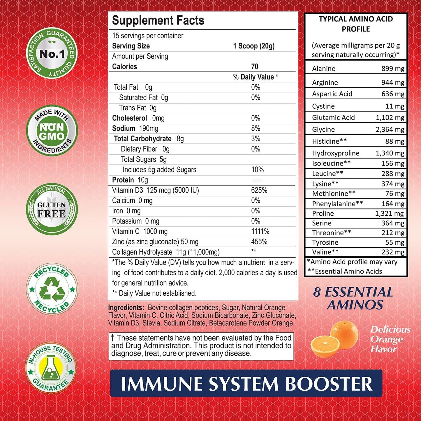 Alfa Vitamins SuperC Immune Powder Mix Formula with Vitamin C 1000mg, Collagen 11g, Vitamin D3 5000 IU, Zinc 50 mg - Orange Flavor 11oz