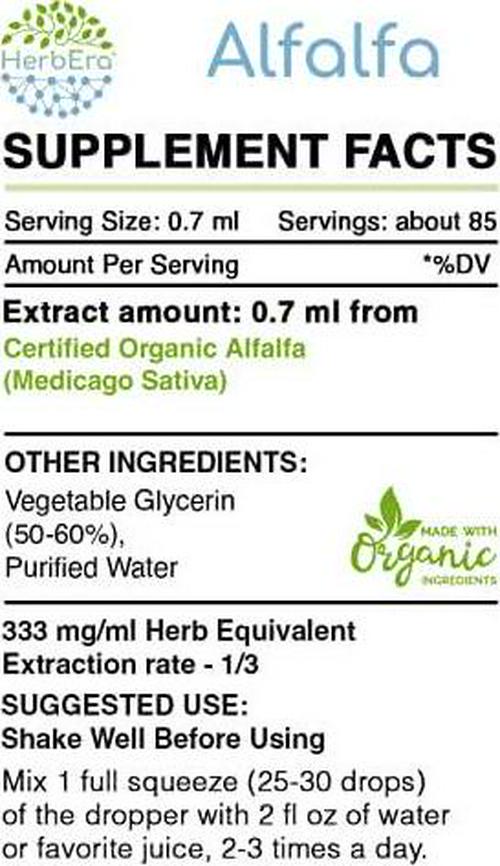 Alfalfa B60 Alcohol-Free Herbal Extract Tincture, Super-Concentrated Organic Alfalfa (Medicago Sativa) 2 fl oz