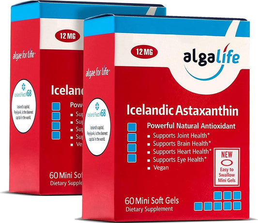Algalife Icelandic Astaxanthin 60 Count €“ 12Mg With Hi-Oleic Sunflower Oil - 60 Gelcaps 12 Mg Of Pure Natural Astaxanthin - Pack Of 2
