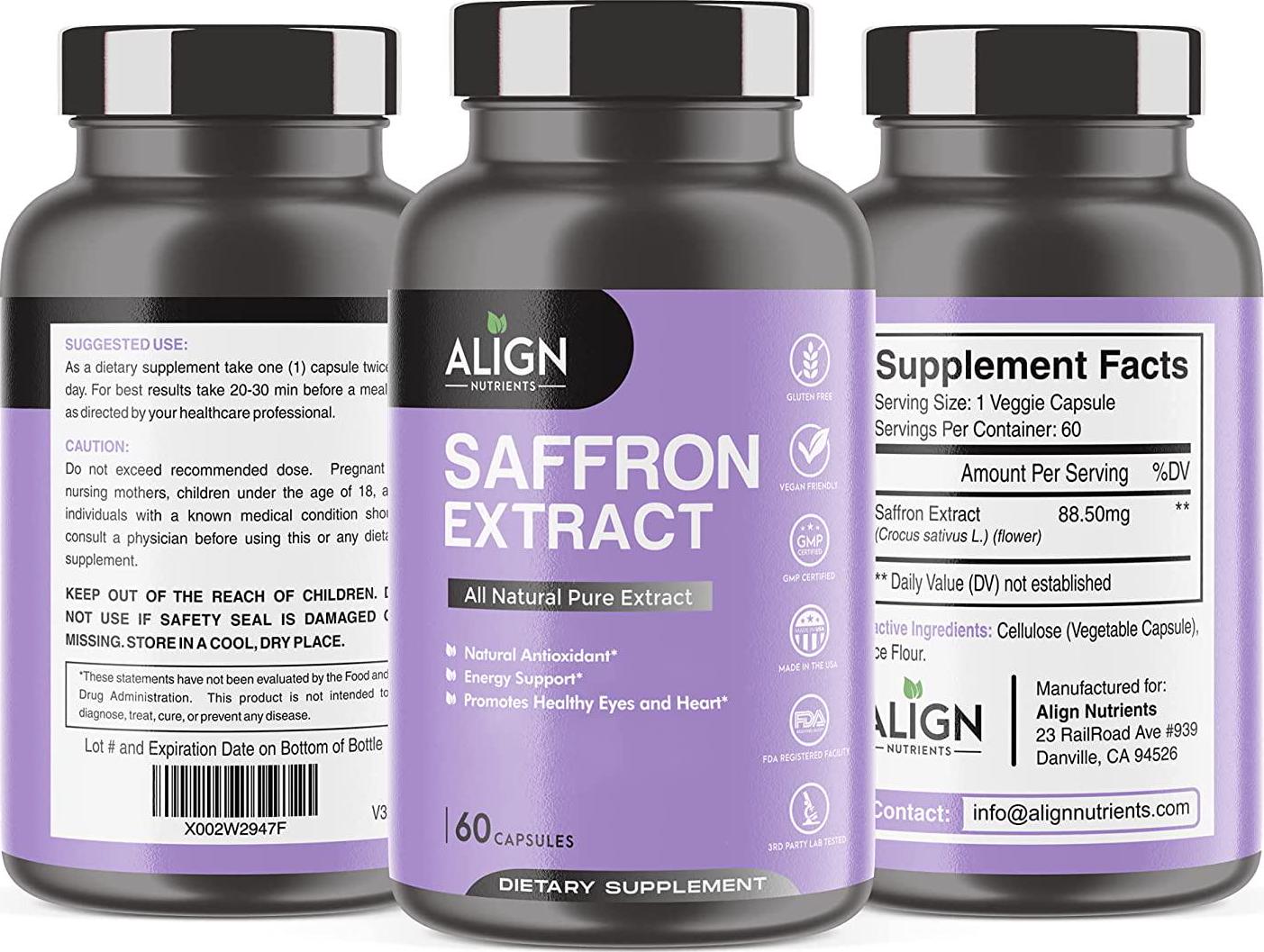 Align Nutrients Saffron Extract Capsules 88.5 mg, 60 ct | Natural and Pure | Powerful Antioxidant, Mood Balancer, Promotes Heart and Eye Health
