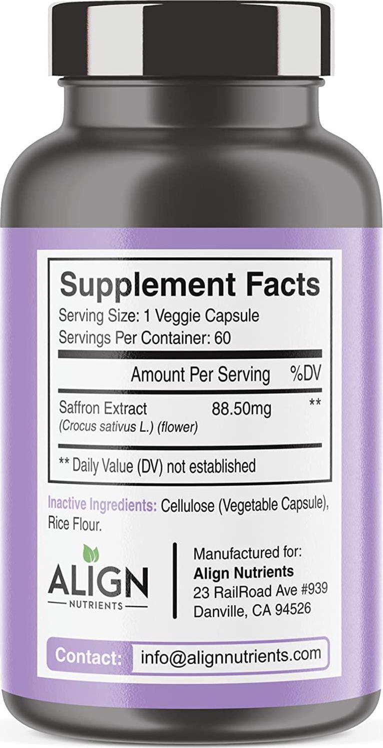 Align Nutrients Saffron Extract Capsules 88.5 mg, 60 ct | Natural and Pure | Powerful Antioxidant, Mood Balancer, Promotes Heart and Eye Health