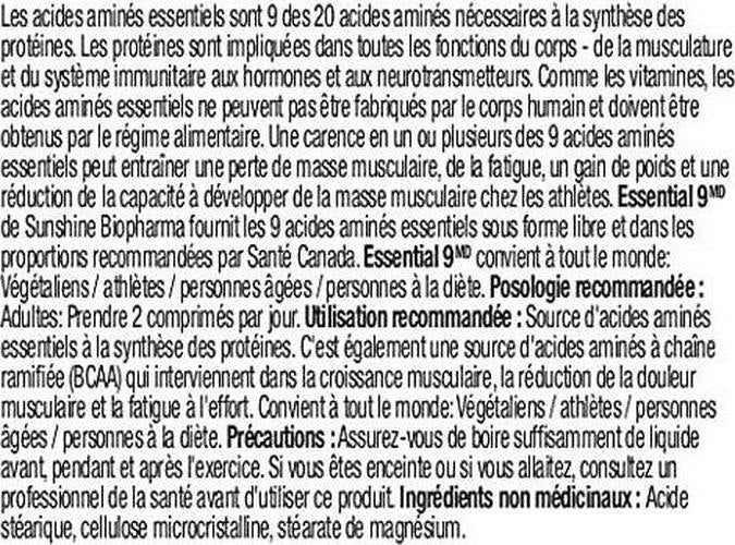 All 9 Essential Amino Acids. Sunshine Biopharma Offers The Ideal Essential Amino Acids Formulation as Tablets for General Wellness, Endurance, Improved Mood and Performance. Vegan Certified