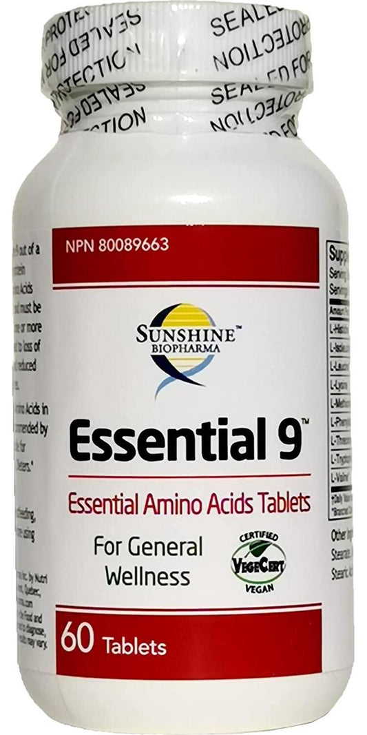 All 9 Essential Amino Acids. Sunshine Biopharma Offers The Ideal Essential Amino Acids Formulation as Tablets for General Wellness, Endurance, Improved Mood and Performance. Vegan Certified