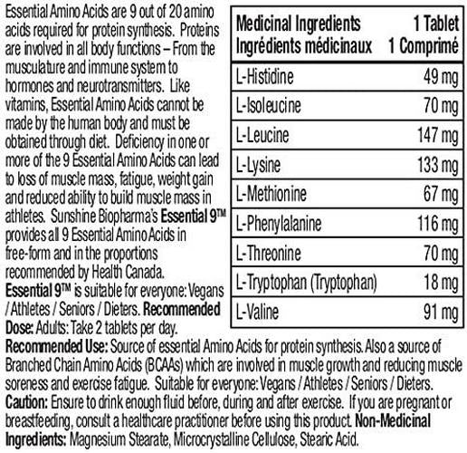 All 9 Essential Amino Acids. Sunshine Biopharma Offers The Ideal Essential Amino Acids Formulation as Tablets for General Wellness, Endurance, Improved Mood and Performance. Vegan Certified