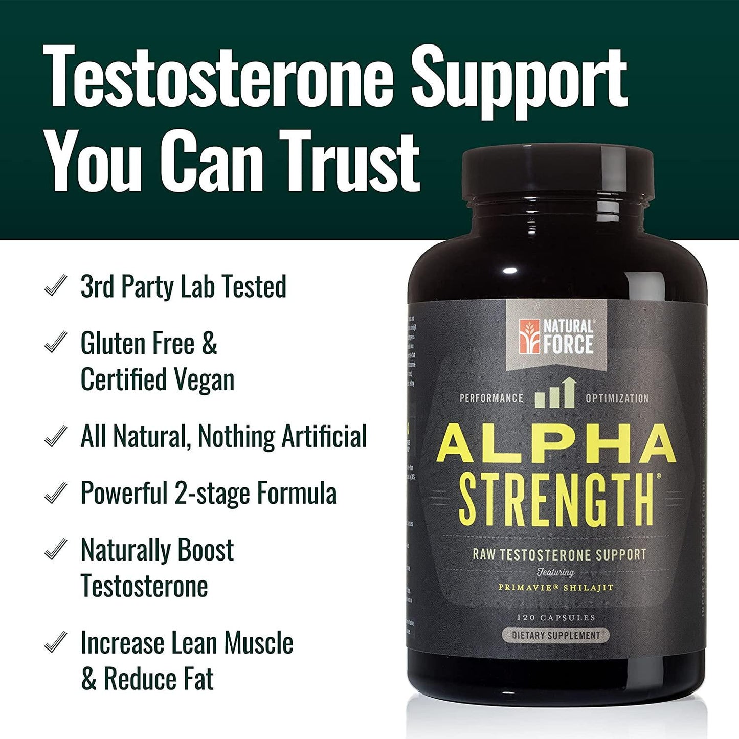 All Natural Testosterone Booster Alpha Strength, *Aggressive Test Supplement for Men*, Best for Muscle Growth and Strength, with Fulvic Minerals from Shilajit Extract by Natural Force, 120ct