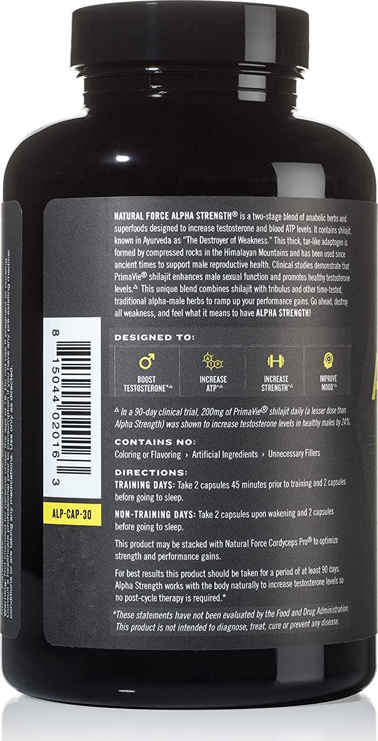 All Natural Testosterone Booster Alpha Strength, *Aggressive Test Supplement for Men*, Best for Muscle Growth and Strength, with Fulvic Minerals from Shilajit Extract by Natural Force, 120ct