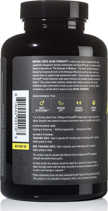 All Natural Testosterone Booster Alpha Strength, *Aggressive Test Supplement for Men*, Best for Muscle Growth and Strength, with Fulvic Minerals from Shilajit Extract by Natural Force, 120ct