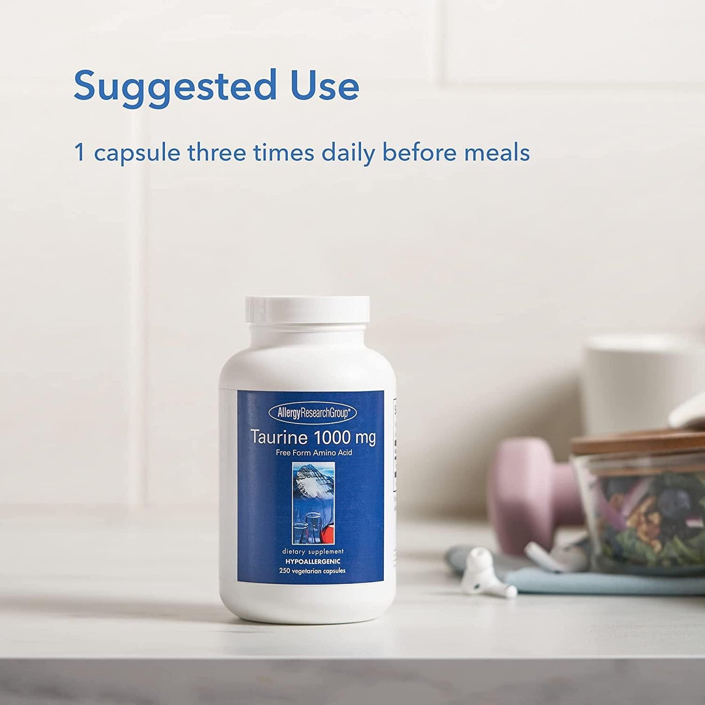 Allergy Research Group - Taurine 1000 mg - Energy, Cardiovascular Support - 250 Vegetarian Capsules