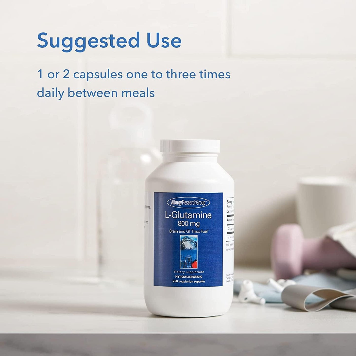 Allergy Research Group - L-Glutamine 800 mg - Amino Acid - Brain and GI Tract Fuel - 250 Vegetarian Capsules