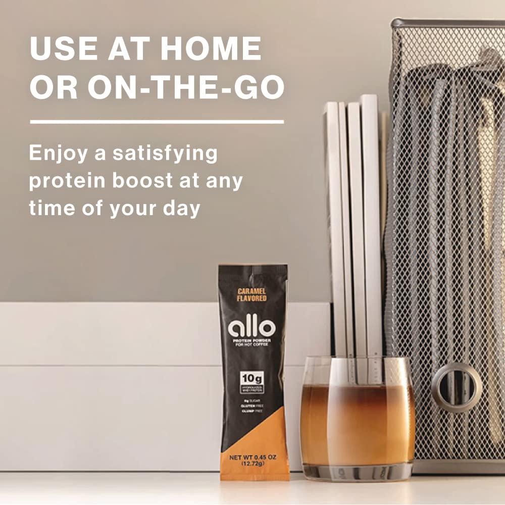 Allo Caramel Protein Powder Coffee Creamer | Gluten-Free, Clump-Free, Sugar-Free | 10 Grams of Hydrolyzed Whey Protein Powder | Dissolves in Hot Lattes, Matcha, Tea, Hot Chocolate | 10 Per Box