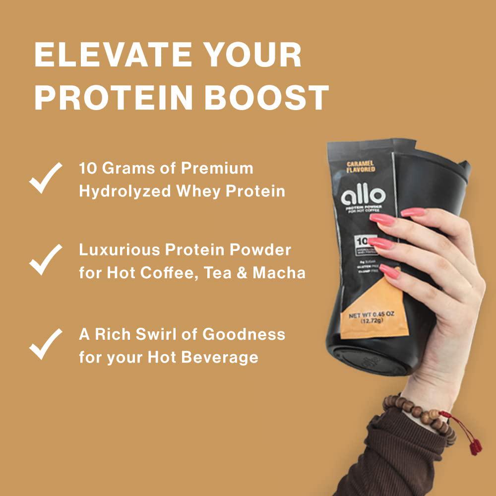 Allo Caramel Protein Powder Coffee Creamer | Gluten-Free, Clump-Free, Sugar-Free | 10 Grams of Hydrolyzed Whey Protein Powder | Dissolves in Hot Lattes, Matcha, Tea, Hot Chocolate | 10 Per Box
