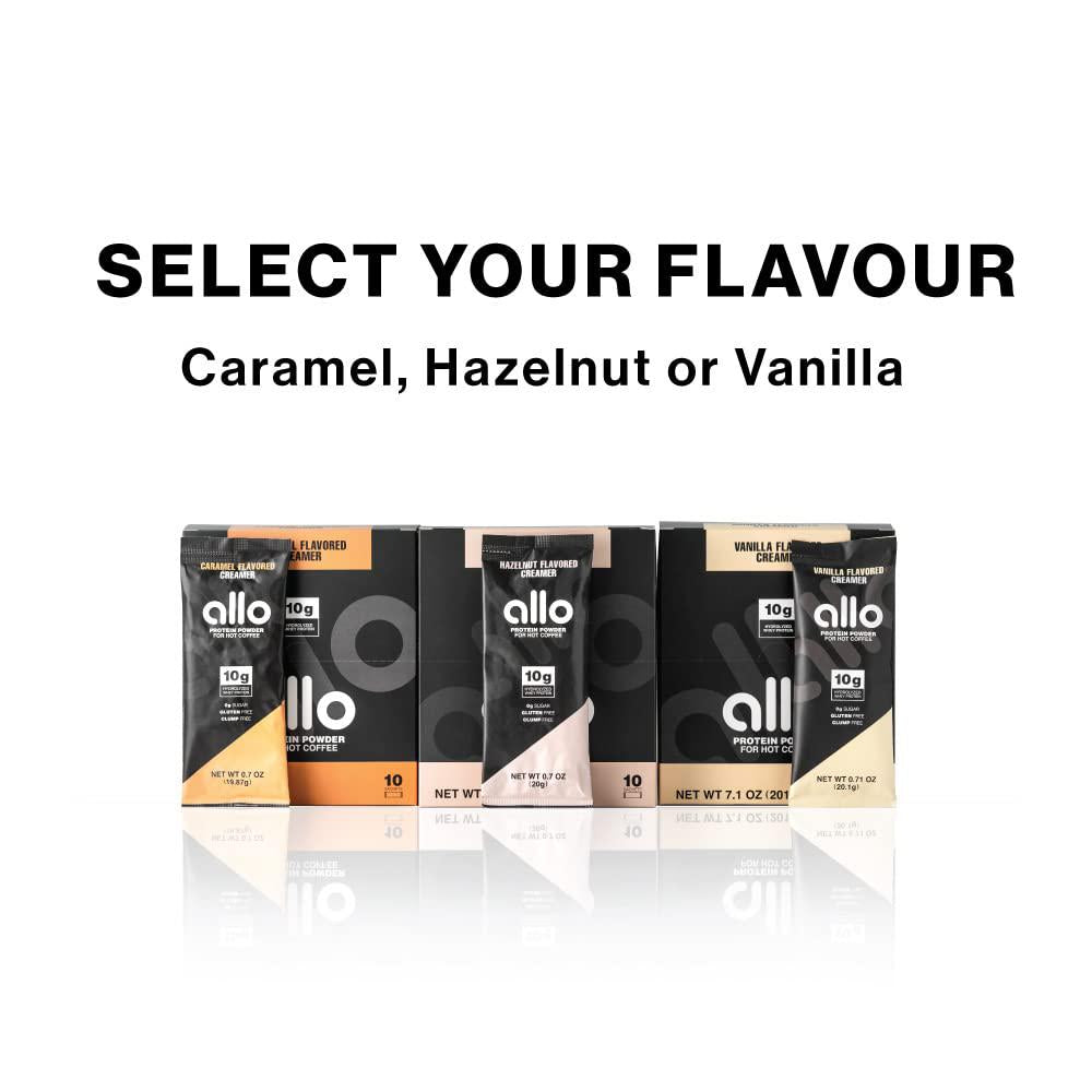 Allo Caramel Protein Powder Coffee Creamer | Gluten-Free, Clump-Free, Sugar-Free | 10 Grams of Hydrolyzed Whey Protein Powder | Dissolves in Hot Lattes, Matcha, Tea, Hot Chocolate | 10 Per Box