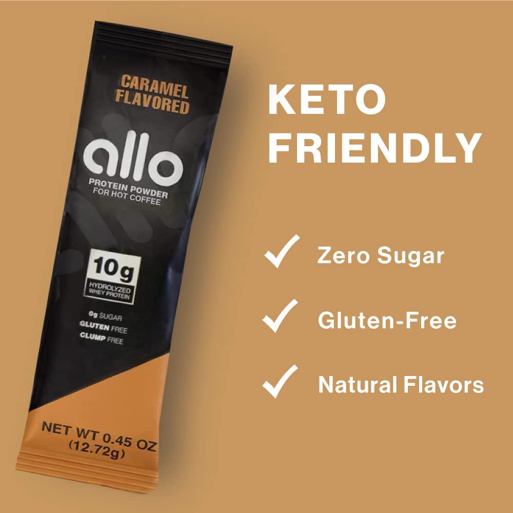 Allo Caramel Protein Powder Coffee Creamer | Gluten-Free, Clump-Free, Sugar-Free | 10 Grams of Hydrolyzed Whey Protein Powder | Dissolves in Hot Lattes, Matcha, Tea, Hot Chocolate | 10 Per Box